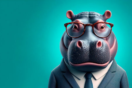 A hippopotamus in a business suit and glasses. Space for textの素材