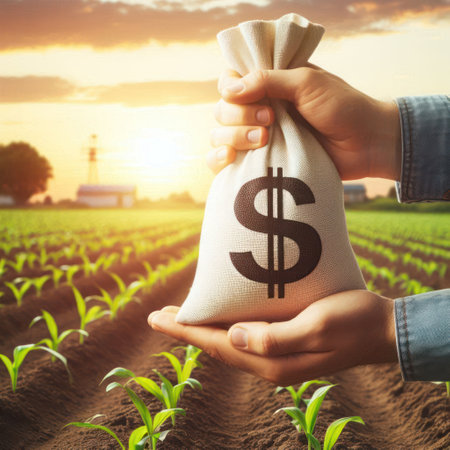 A bag of money in front of a field and a farmの素材