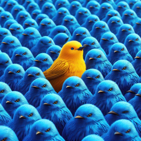 A yellow bird among a group of blue birds, a symbol of individualityの素材