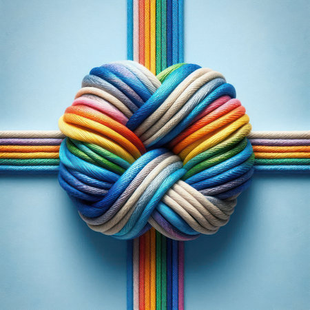 A knot of multi-colored threads woven crosswiseの素材