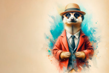 Meerkat in an elegant suit and hat. Space for textの素材