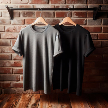 Two t-shirts on a hanger against a brick wallの素材