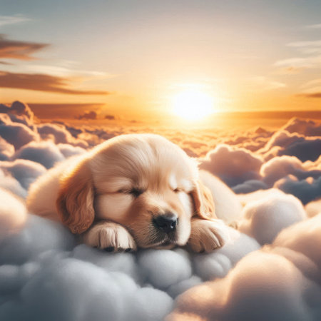 Sleeping puppy on clouds during sunsetの素材