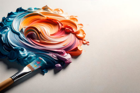 Brush with multi-colored paint on a light surface. Space for textの素材