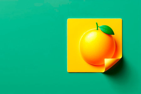 A bright orange on a yellow adhesive label on a green background. Space for textの素材