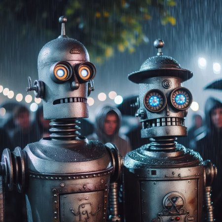 Two robots in the rain in night lightsの素材