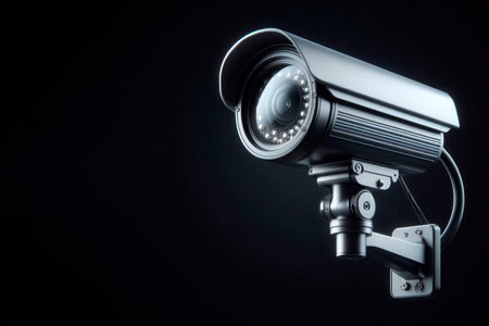 CCTV camera on a black background. Space for textの素材
