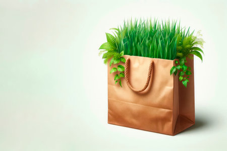 Paper bag with plants and grass inside. Space for textの素材