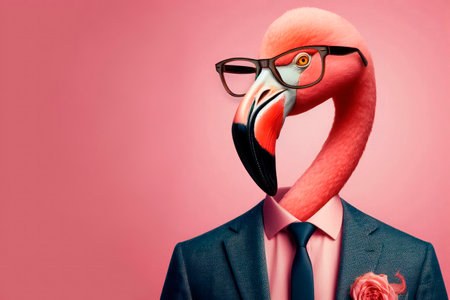 Flamingo in a business suit with glasses. Space for textの素材