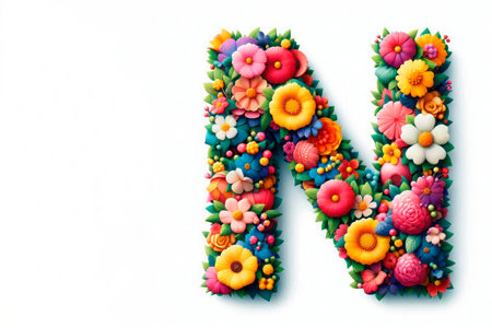 The letter N is decorated with flowers and leaves on a light background. Space for textの素材