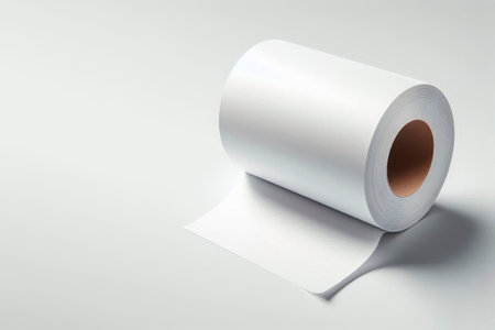 A rolled roll of white paper on a light background. Space for textの素材