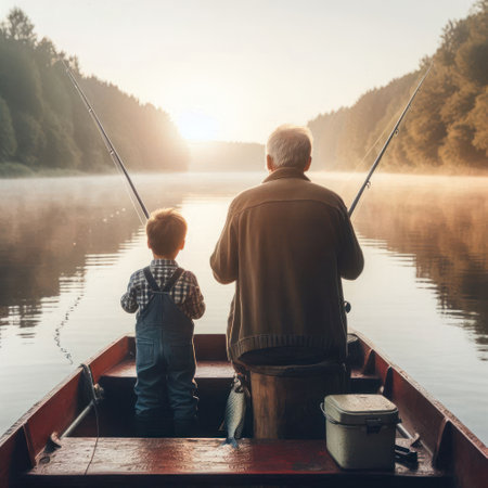 A boy and a grandfather are fishing at dawn on a lakeの素材