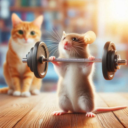 A mouse lifts a heavy barbell against the background of a catの素材