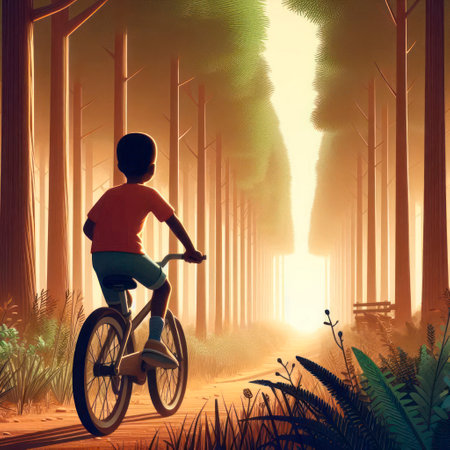 A boy rides a bicycle in the forest at sunsetの素材
