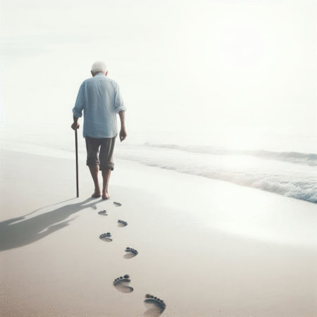 An old man walks along the beach, leaving footprints in the sand. Space for textの素材