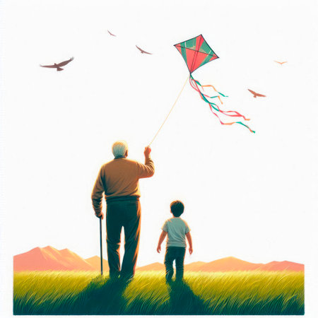 Grandfather and grandson in a field with a kiteの素材