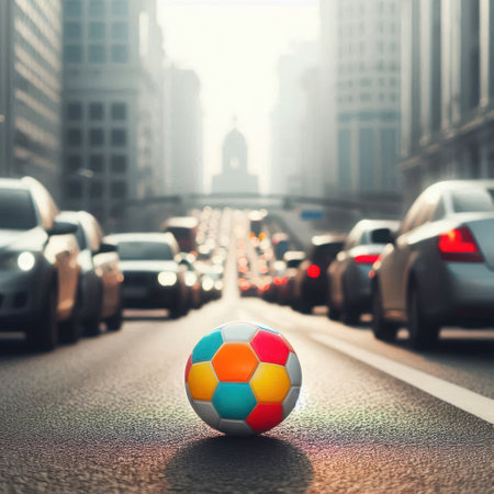 A colored ball in the middle of a busy roadの素材