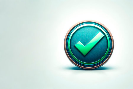 Confirmation sign in a round icon on a blank background. Space for textの素材