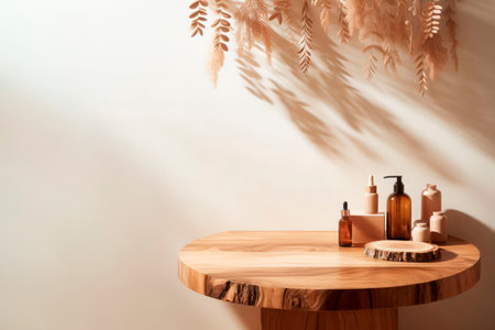 Wooden table with cosmetic bottles on a light background. Space for textの素材