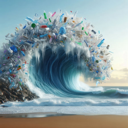 Plastic garbage turns into a giant waveの素材