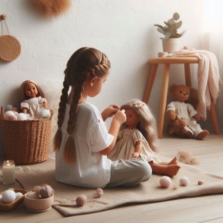 A girl plays with a doll in a cozy roomの素材