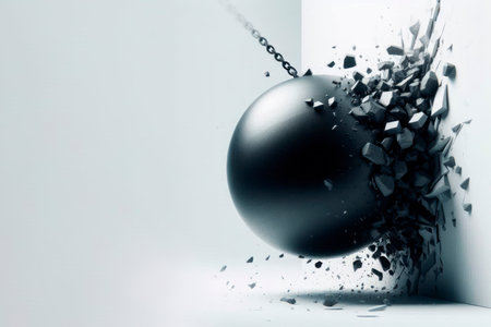 A devastating blow from a chain ball that breaks a wall. Space for textの素材