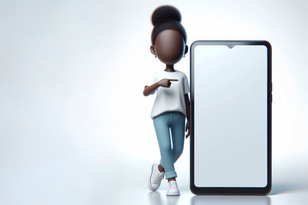 Girl next to a large smartphone on a clean background. Space for textの素材
