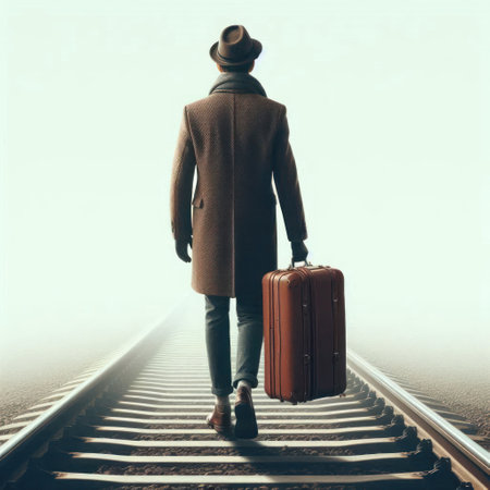 A man with a suitcase walks along the railway tracks, the way into the unknownの素材