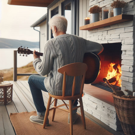 An elderly man plays the guitar by the fireplace in a cozy houseの素材