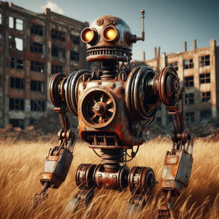 A rusty robot among the ruins of a buildingの素材