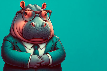 Hippopotamus in a business suit and glasses on a green background. Space for textの素材