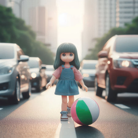 A doll with a ball on the road among cars, a dangerous game in the cityの素材
