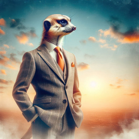 Meerkat in a business suit against the background of the sunsetの素材