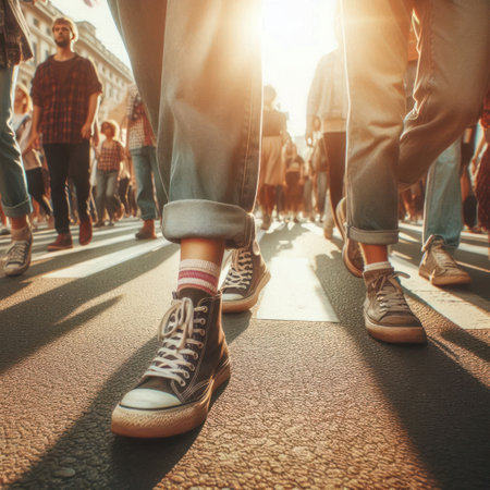 People are walking down the street on a sunny dayの素材
