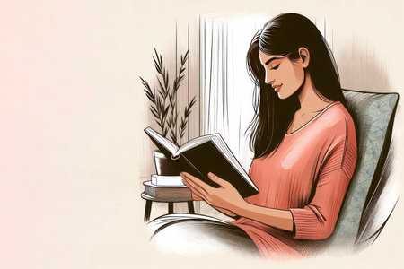 Illustration of a woman reading a book. Space for textの素材