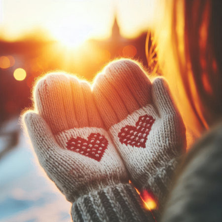 Woolen mittens with hearts against the background of sunriseの素材