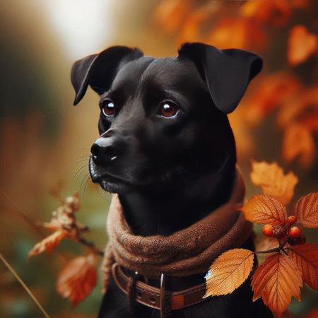 A black dog among the autumn leavesの素材