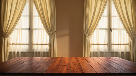 A wooden table by the windows with curtains, the comfort and warmth of the home interiorの素材