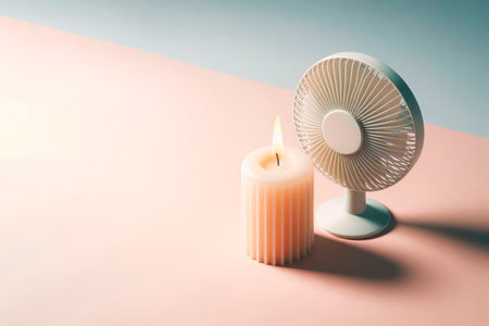 A burning candle next to the fan. Space for textの素材