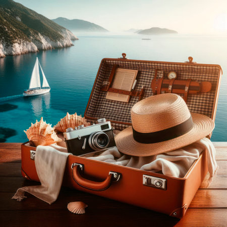 A suitcase with a camera and a hat against the background of the seaの素材