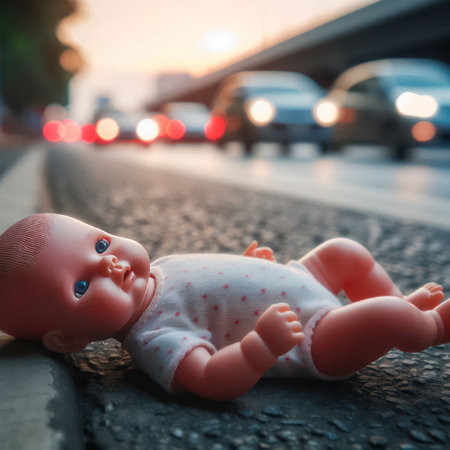 A doll on the side of the road among carsの素材