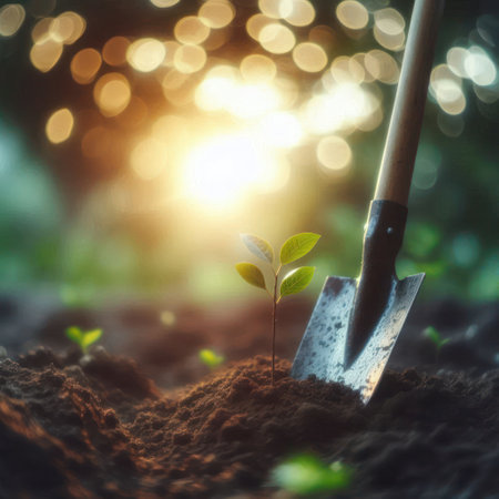 A young plant and a shovel against the background of a sunny sunsetの素材