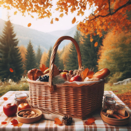 Autumn picnic with basket and fruit in the background of the forest. Space for textの素材