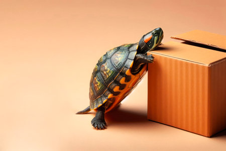 A turtle climbing on a cardboard box. Space for textの素材