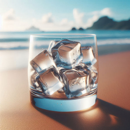 A glass with ice cubes against the background of the seaの素材