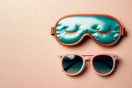 A sleep mask and sunglasses lying nearby. Space for textの素材