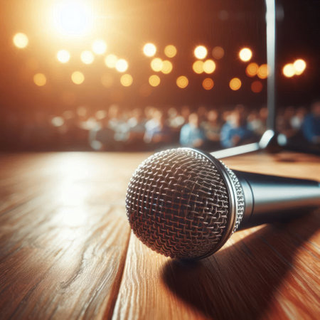 Microphone on stage in the light before the performanceの素材