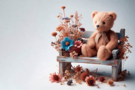 A bear on a bench with flowers surrounded by dried plants. Space for textの素材