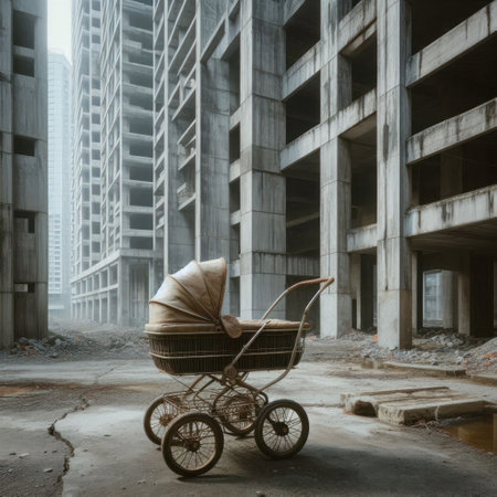 An old stroller among abandoned buildingsの素材