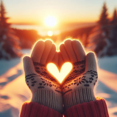 Heart in warm winter gloves against the background of a sunny sunsetの素材